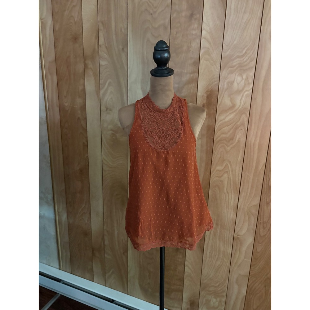 Hollister Womens Rust Orange Swiss‎ Dot Lace Mock Neck Halter Top Small Boho